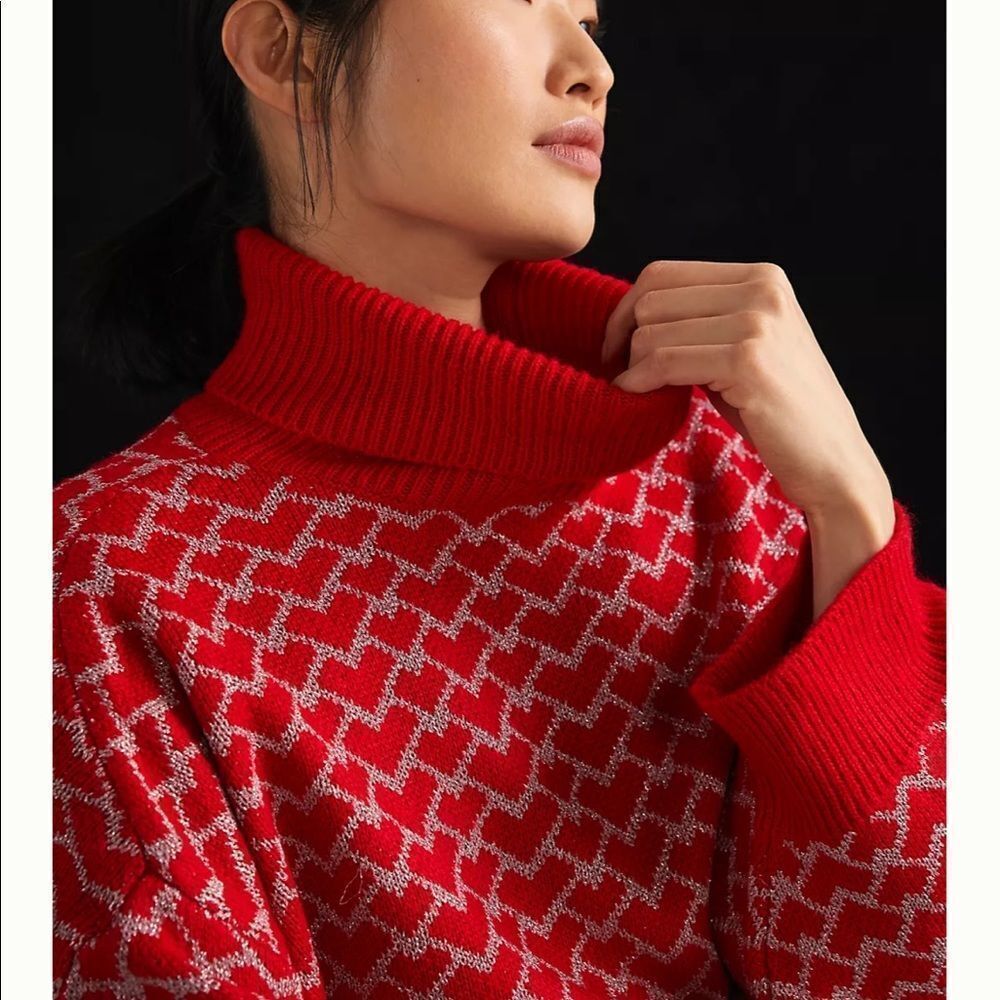 NWT Anthropologie Molly Bracken Shimmer Hearts Turtleneck Sweater Medium #034 - Picture 2 of 5